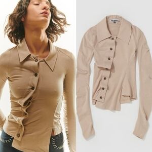 NWT ANNE iSABELLA Tan Twisted Asymmetric Organic Cotton Wool Long Sleeve Top